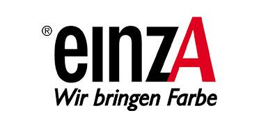 Das Einza-Logo ist schwarz und rot und sagt: Wir bringen Farbe.