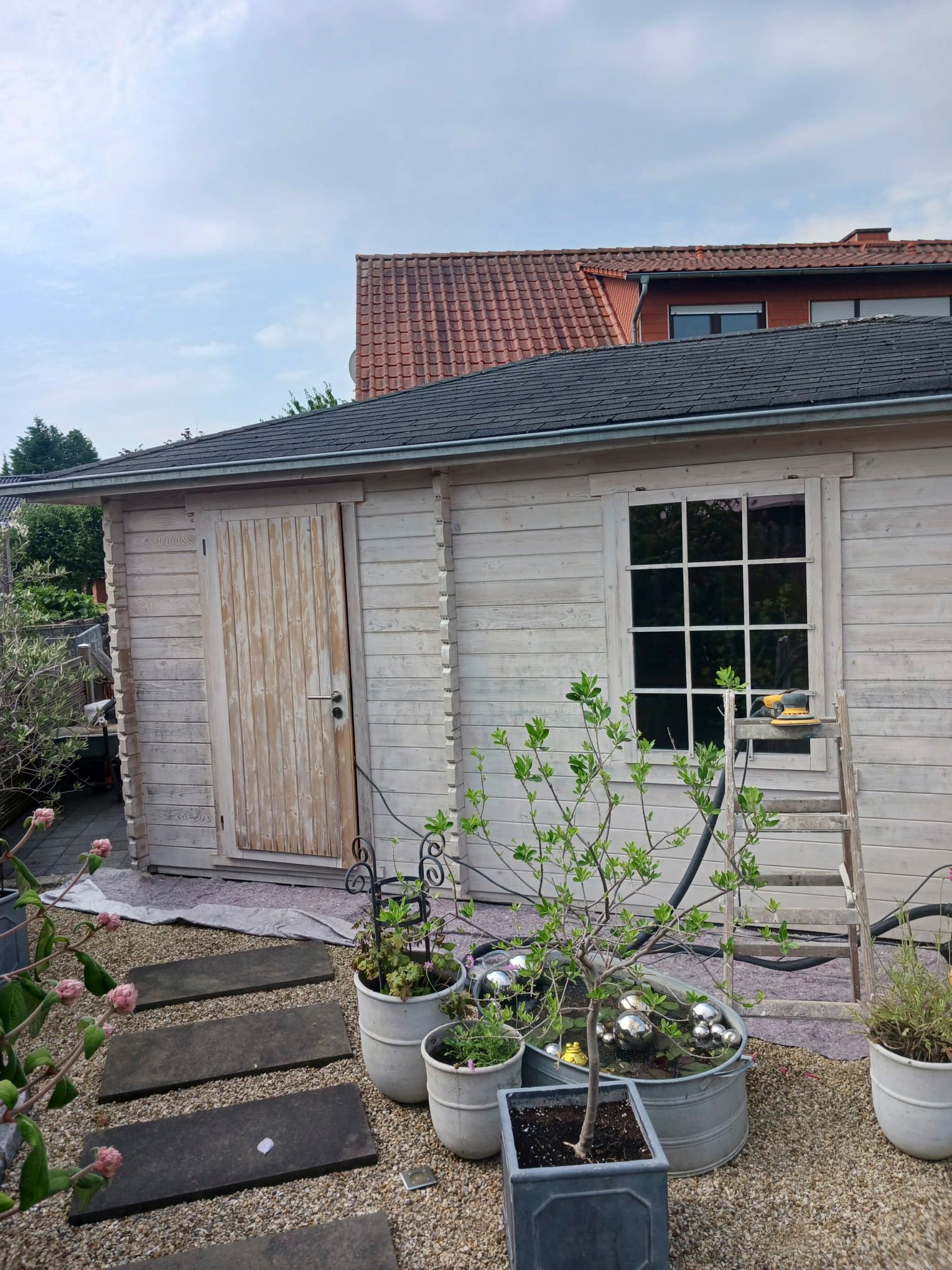 ein weißes Haus mit einer Leiter und Topfpflanzen davor.