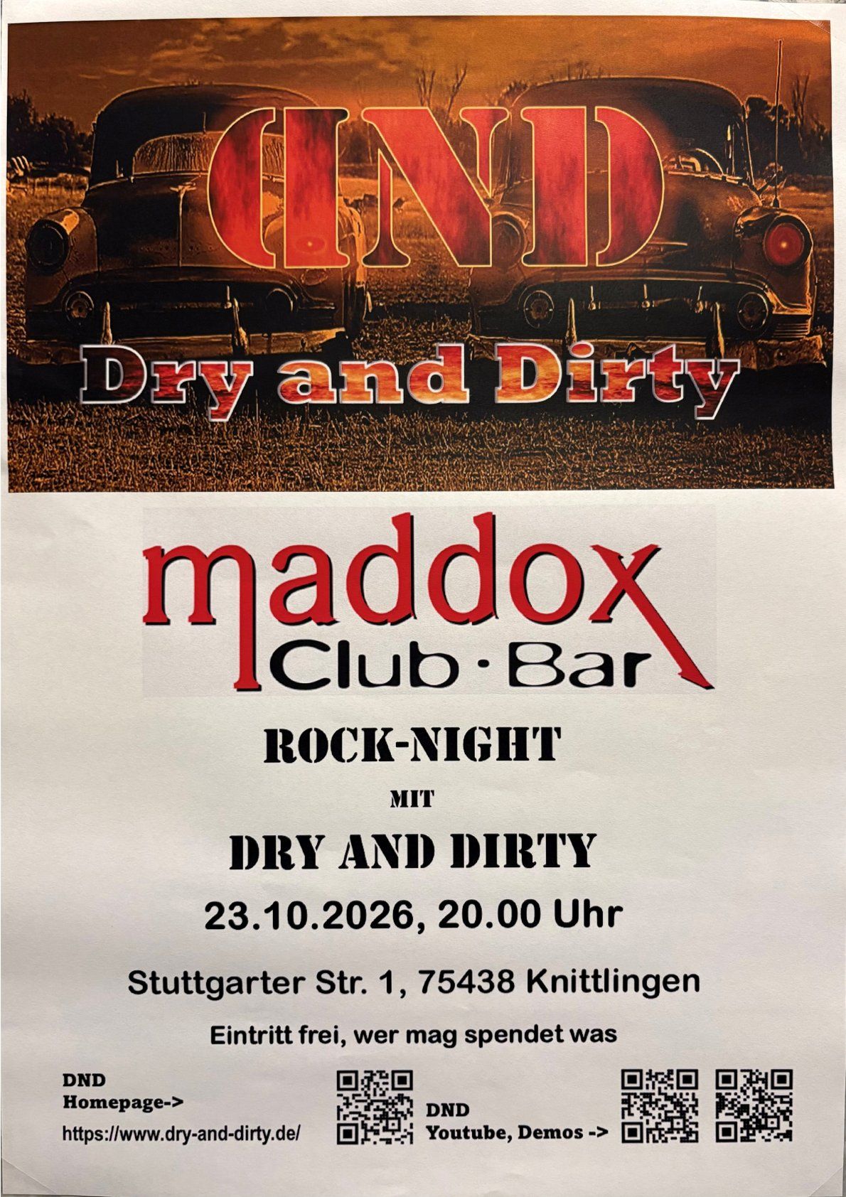 Poster für den Rockabend „CND Dry and Dirty“ im maddox Club-Bar am 23. Oktober 2026 in Knittlingen