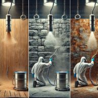 Illustration en 3 partie montrant un mur nettoyé grâce à de l'aérogommage