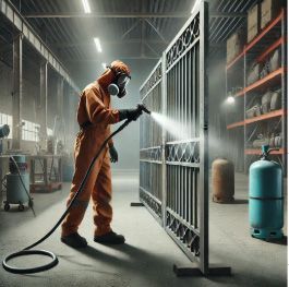 Technicien en tenu de protection nettoyant un portail avec l'aérogommage