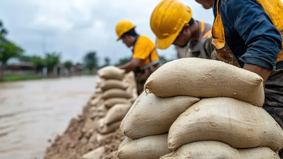 Arbeiter in gelben Schutzhelmen und Westen stapeln Sandsäcke, um eine Hochwasserschutzbarriere zu errichten.