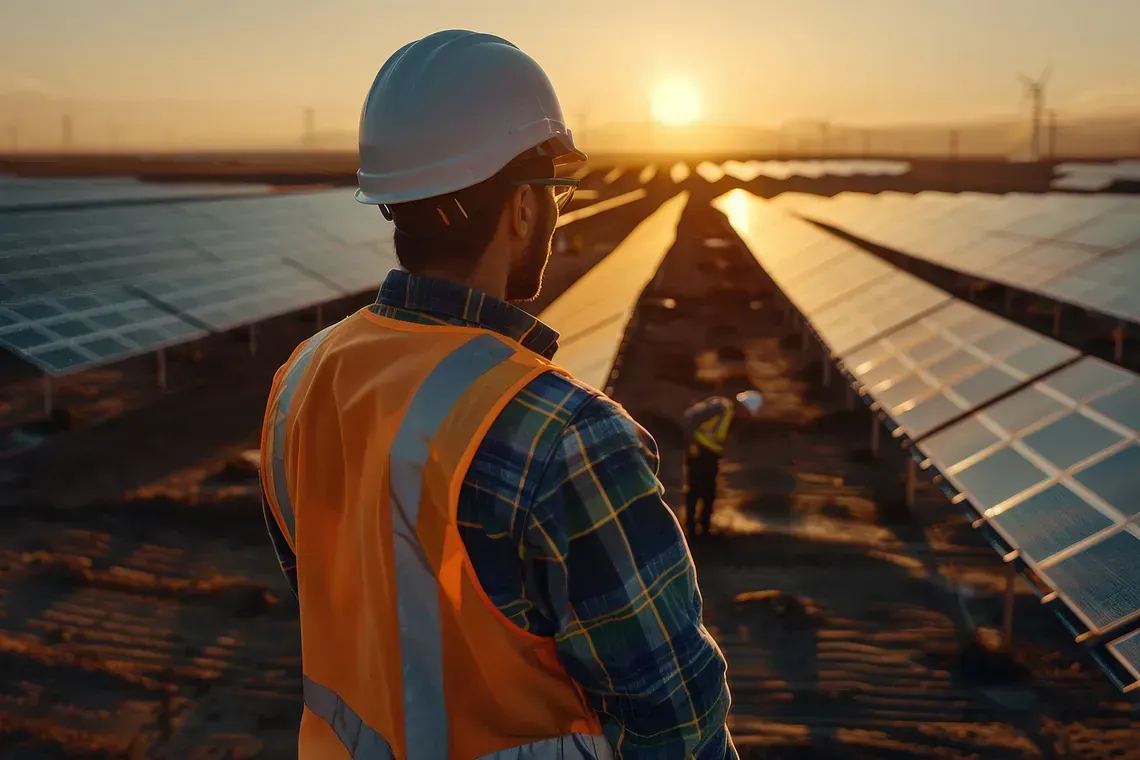 Arbeiter in Sicherheitsweste und Schutzhelm betrachtet Solarpaneele bei Sonnenuntergang.