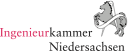 Logo der Ingenieurkammer Niedersachsen mit einem sich aufbäumenden Pferd. Text in Rosa und Schwarz.