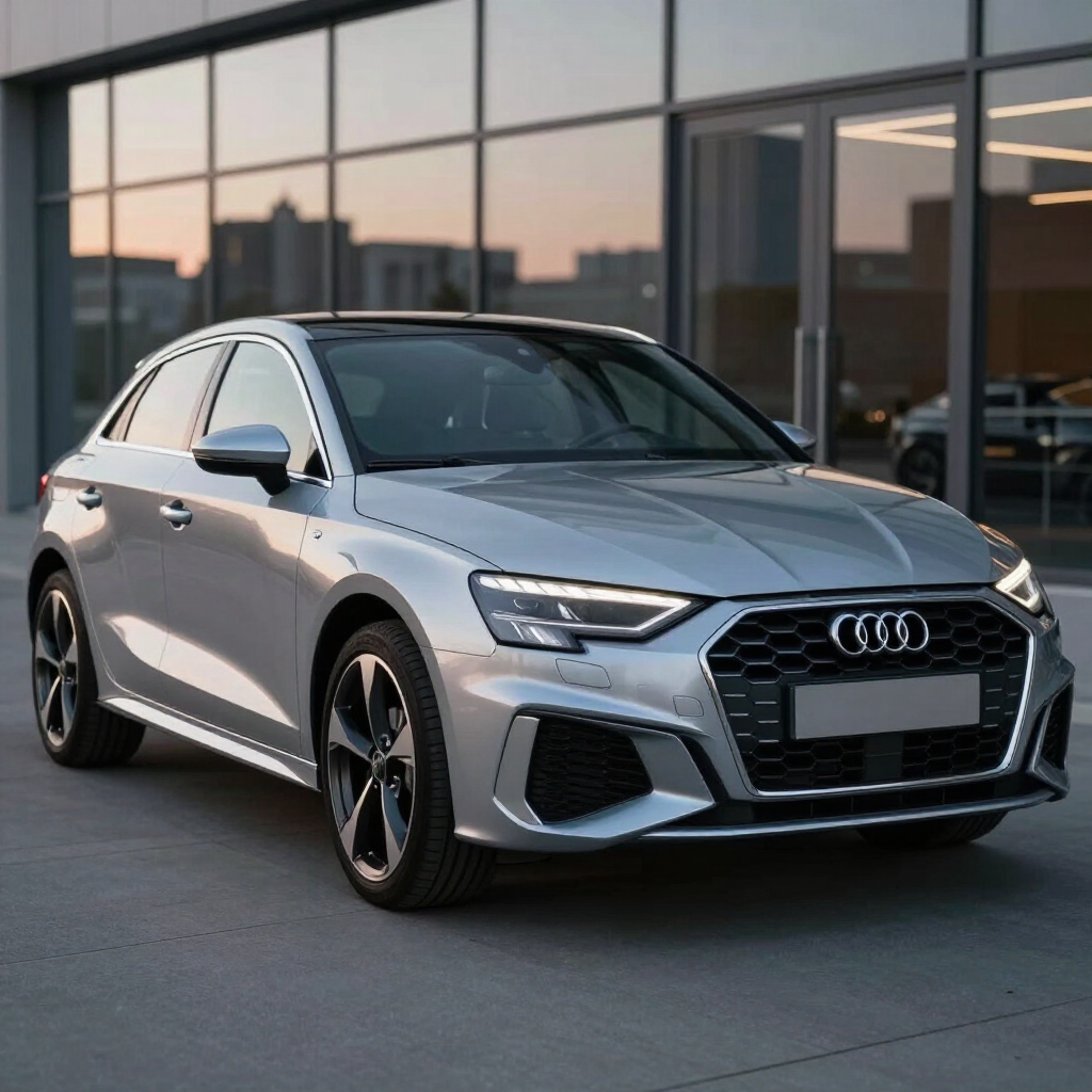 Un Audi hatchback plateado estacionado frente a un concesionario con fachada de cristal al anochecer.
