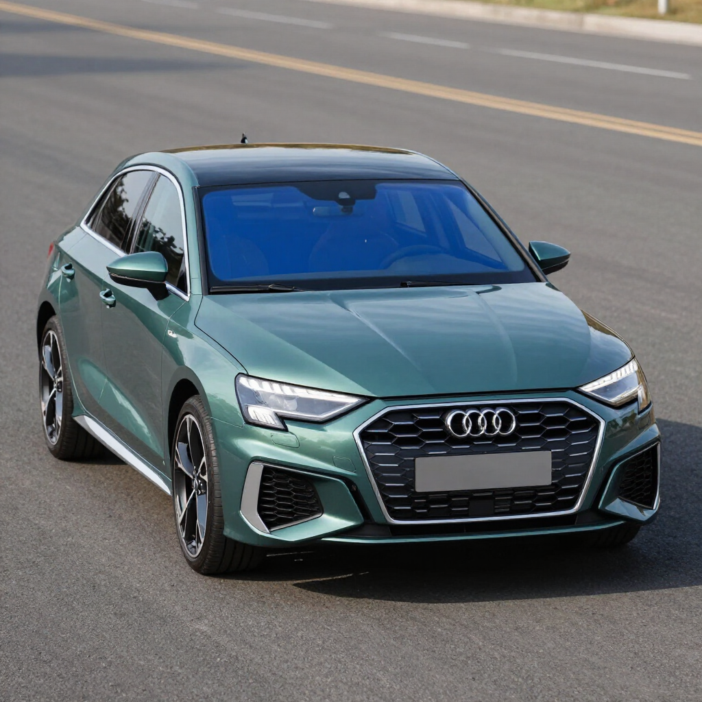 Audi sedán verde circulando por una carretera, vista frontal con las luces encendidas.