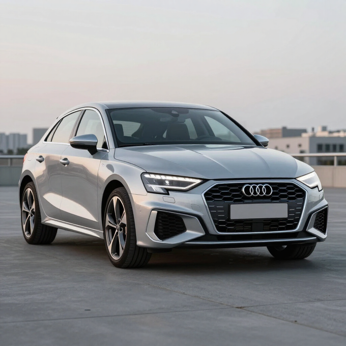 Sedán Audi plateado estacionado en una azotea, vista frontal de tres cuartos al anochecer.