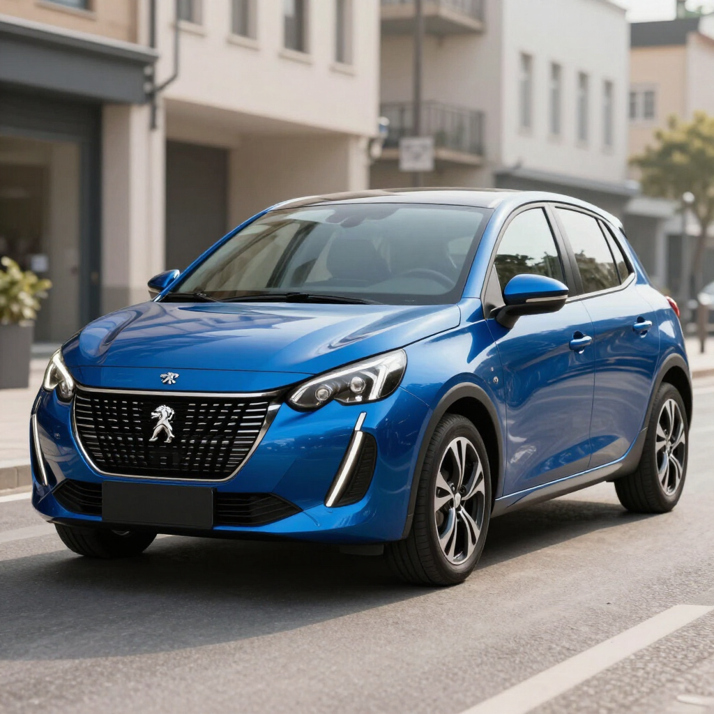 Peugeot hatchback azul estacionado en una calle residencial.