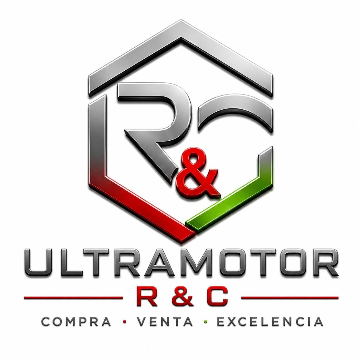 Logo de ULTRAMOTOR R&C con hexágono gris, letras negras y rojas, y lema “Compra · Venta · Excelencia”