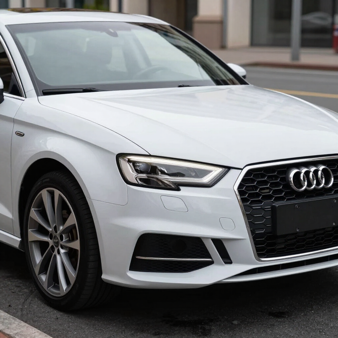 Audi sedán blanco estacionado en una calle, vista frontal izquierda.