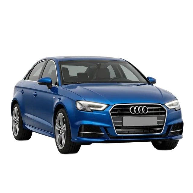 Audi sedán azul sobre fondo blanco, vista frontal izquierda.