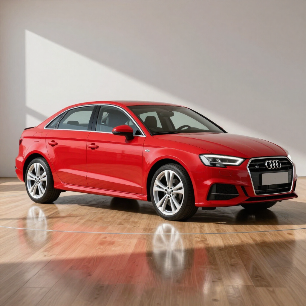 Un sedán Audi rojo en un estudio con suelo de madera brillante y reflejo en la pared.