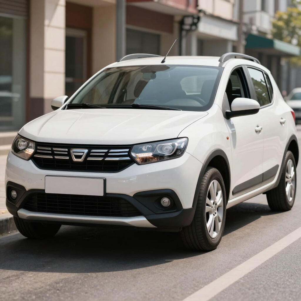Un SUV blanco estacionado en una calle de la ciudad cerca de edificios de apartamentos.