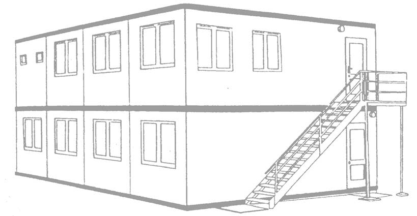 Zweigeschossiges Modulgebäude aus Containern mit Fenstern und Außentreppe