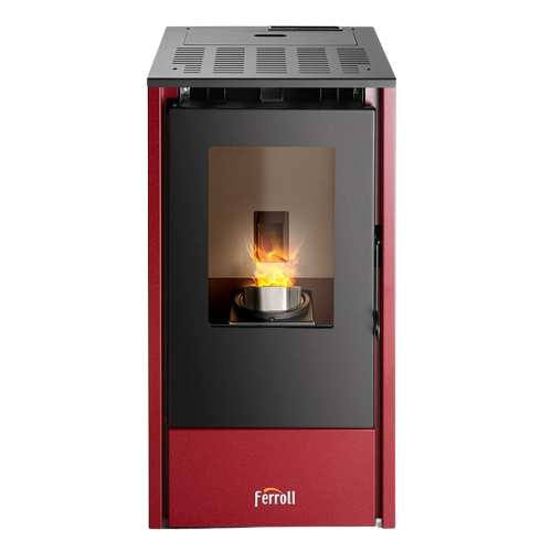 Una estufa de pellets de color rojo y negro de la que sale fuego.