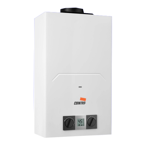 Un calentador de agua blanco está sentado sobre una superficie blanca.