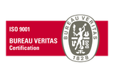 El logotipo de Bureau Veritas Certification ISO 9001 está sobre un fondo rojo.