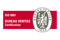El logotipo de Bureau Veritas Certification ISO 9001 está sobre un fondo rojo.