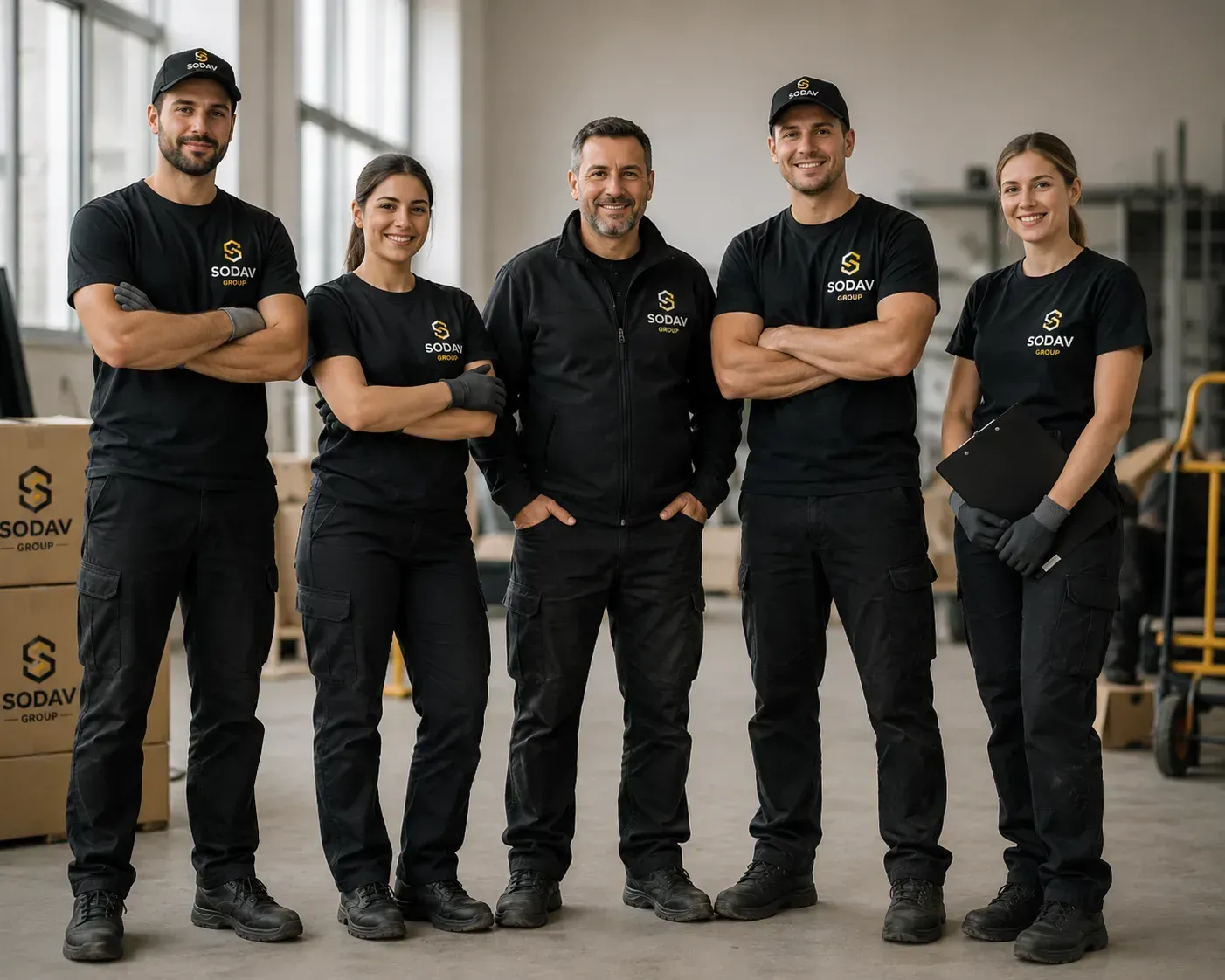 Cinco empleados con uniformes negros, de pie en un almacén, con los brazos cruzados y sonriendo.