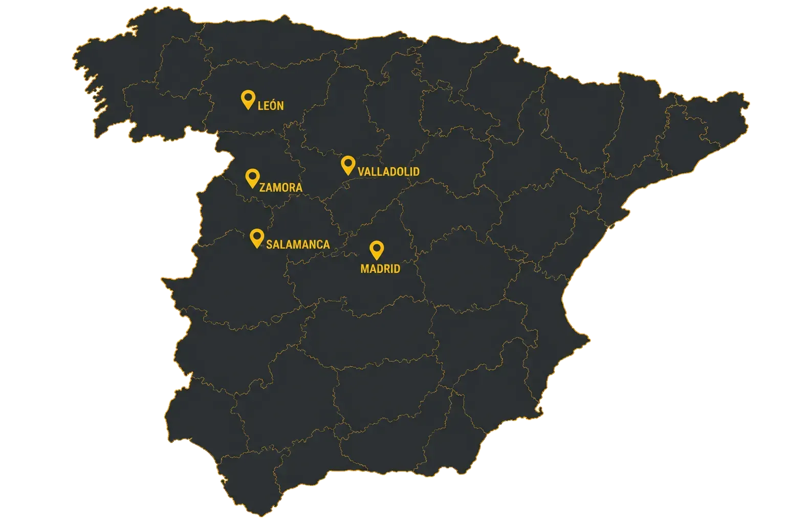 Mapa oscuro de España con marcadores amarillos que indican la ubicación y las ciudades.