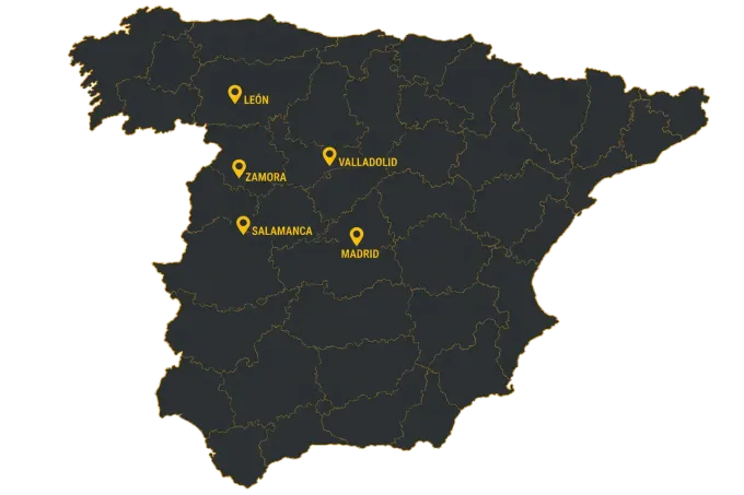 Mapa oscuro de España con marcadores amarillos que indican los límites de las provincias.