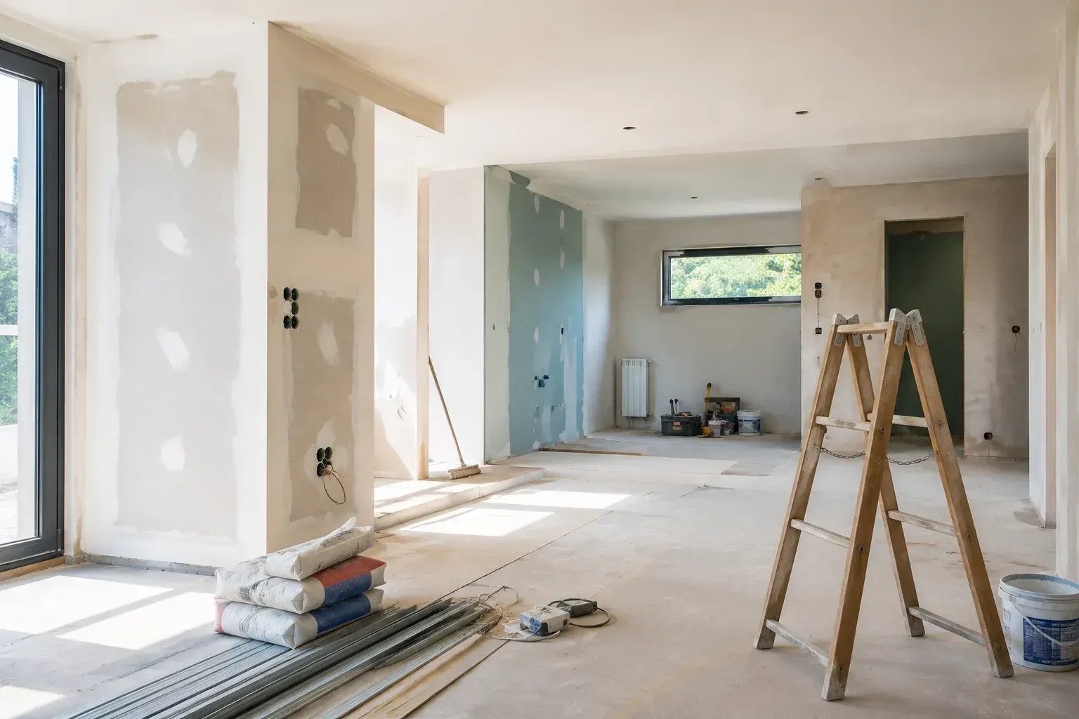 Obras de renovación en curso en una habitación luminosa y vacía con escaleras, herramientas y paredes sin terminar.