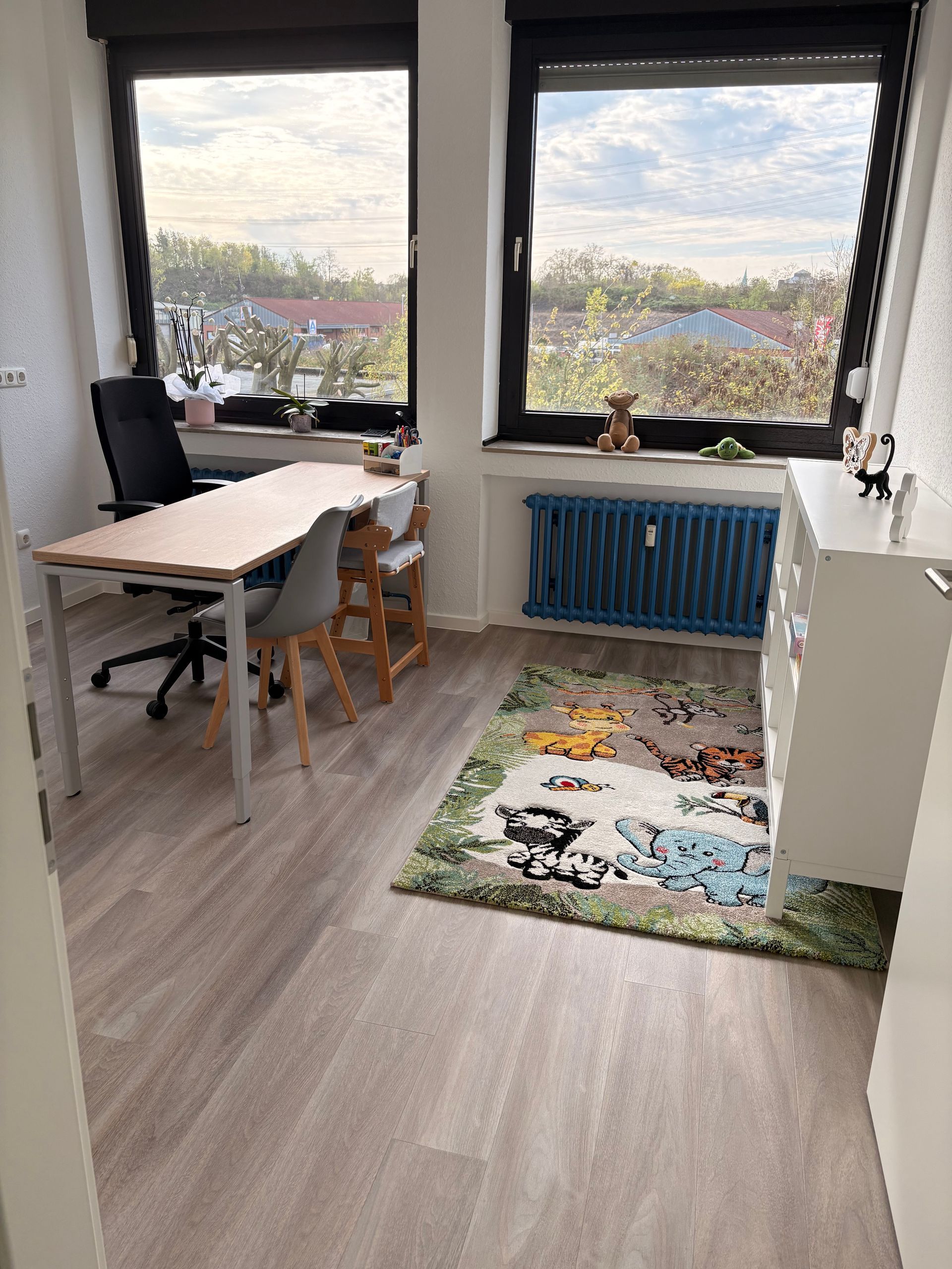 Ein Heimbüro ist ausgestattet mit einem Schreibtisch, Stühlen, einem Heizkörper und einem gemusterten Kinderteppich auf einem hellen Holzboden vor großen Fenstern.