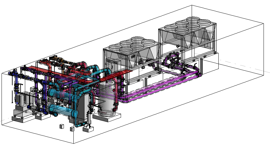Modèle CAO 3D isométrique d'un système mécanique CVC industriel