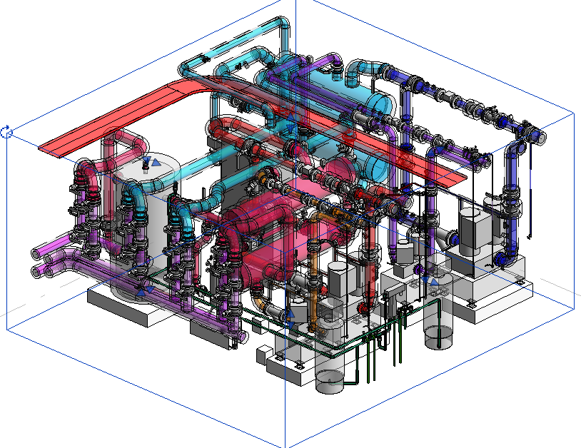Modèle CAO 3D d'un système complexe de tuyauterie et de pompage industriel