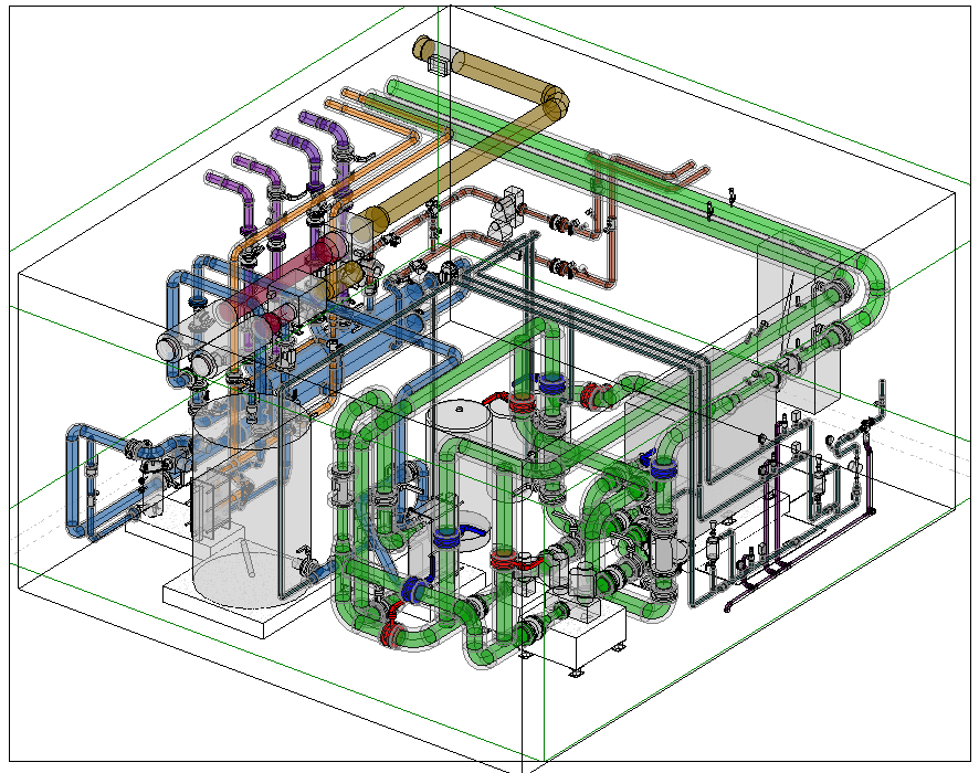 Schéma CAO 3D d'un système de tuyauterie industrielle