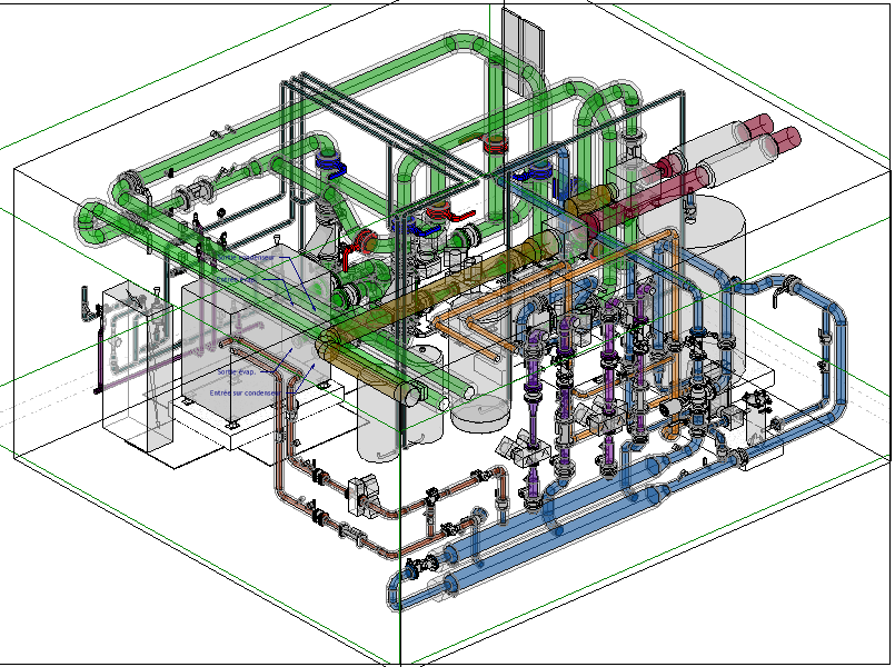 Dessin CAO 3D d'un système de tuyauterie industrielle complexe