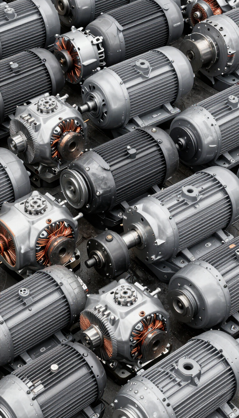 Filas de motores eléctricos industriales plateados con bobinados de cobre, apilados muy juntos.