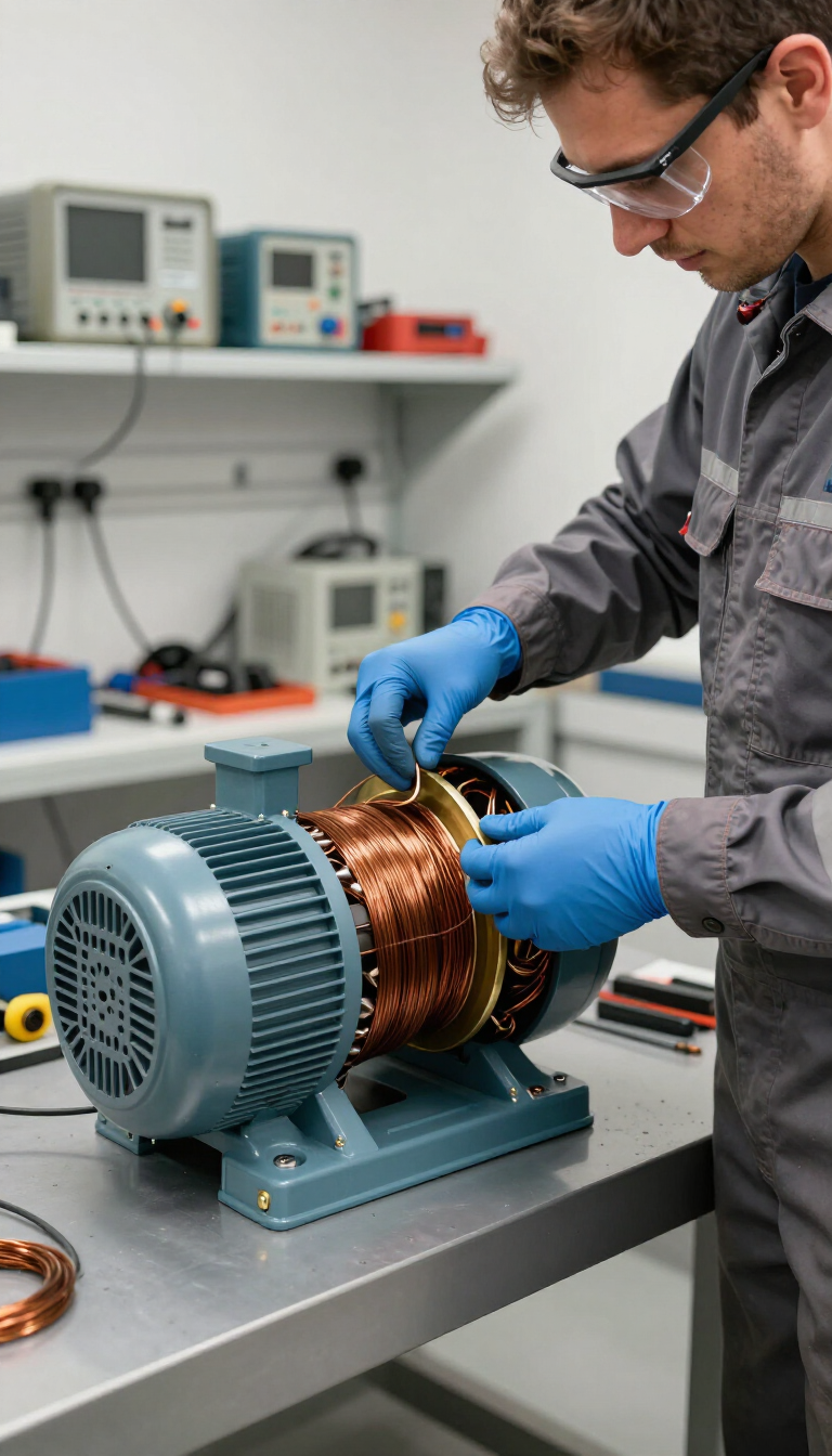 Técnico en un taller reparando un motor eléctrico, con guantes azules y gafas de seguridad.