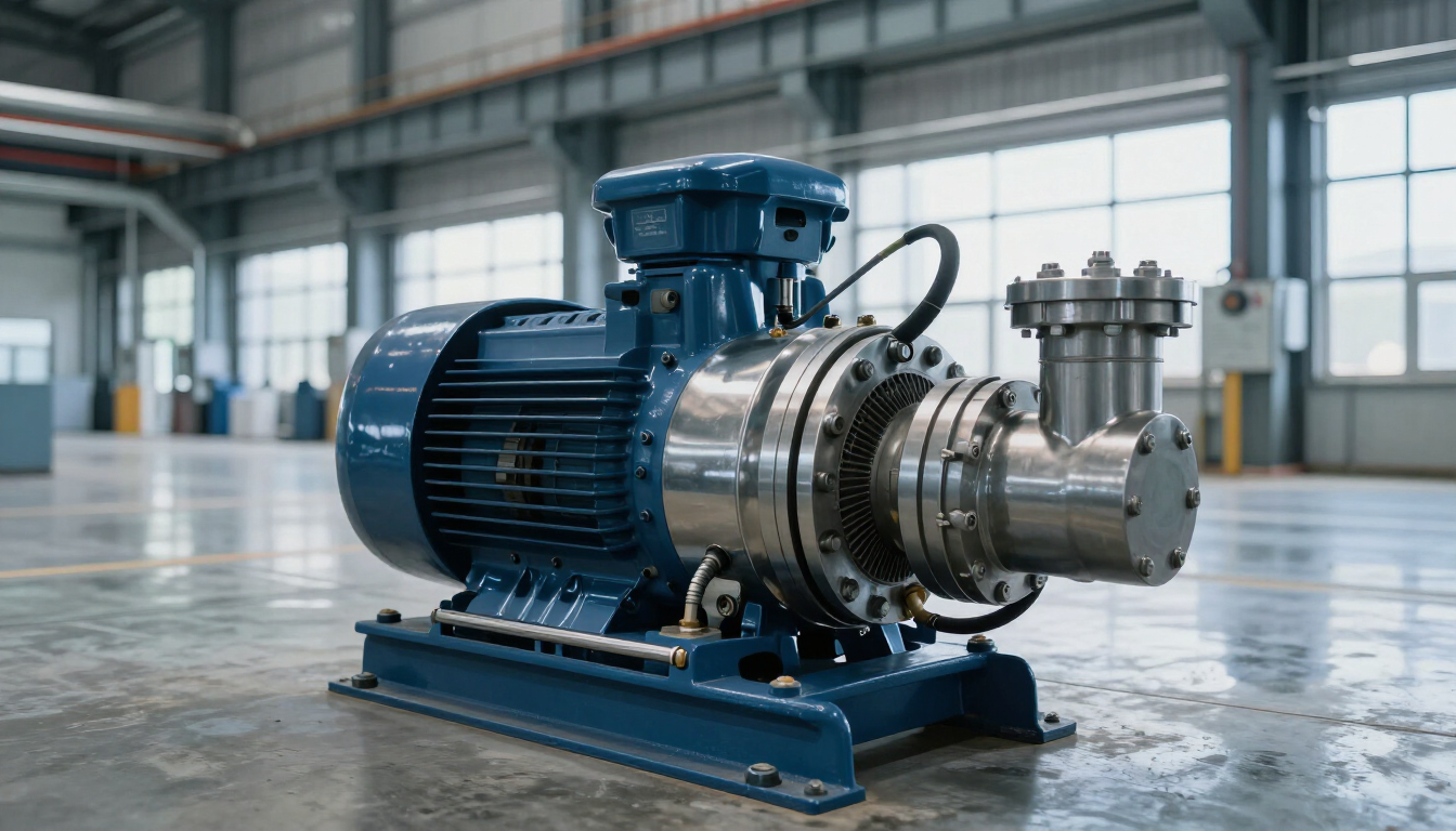 Ensamblaje de motor y bomba industriales azules en la planta de una fábrica, dentro de un gran taller.