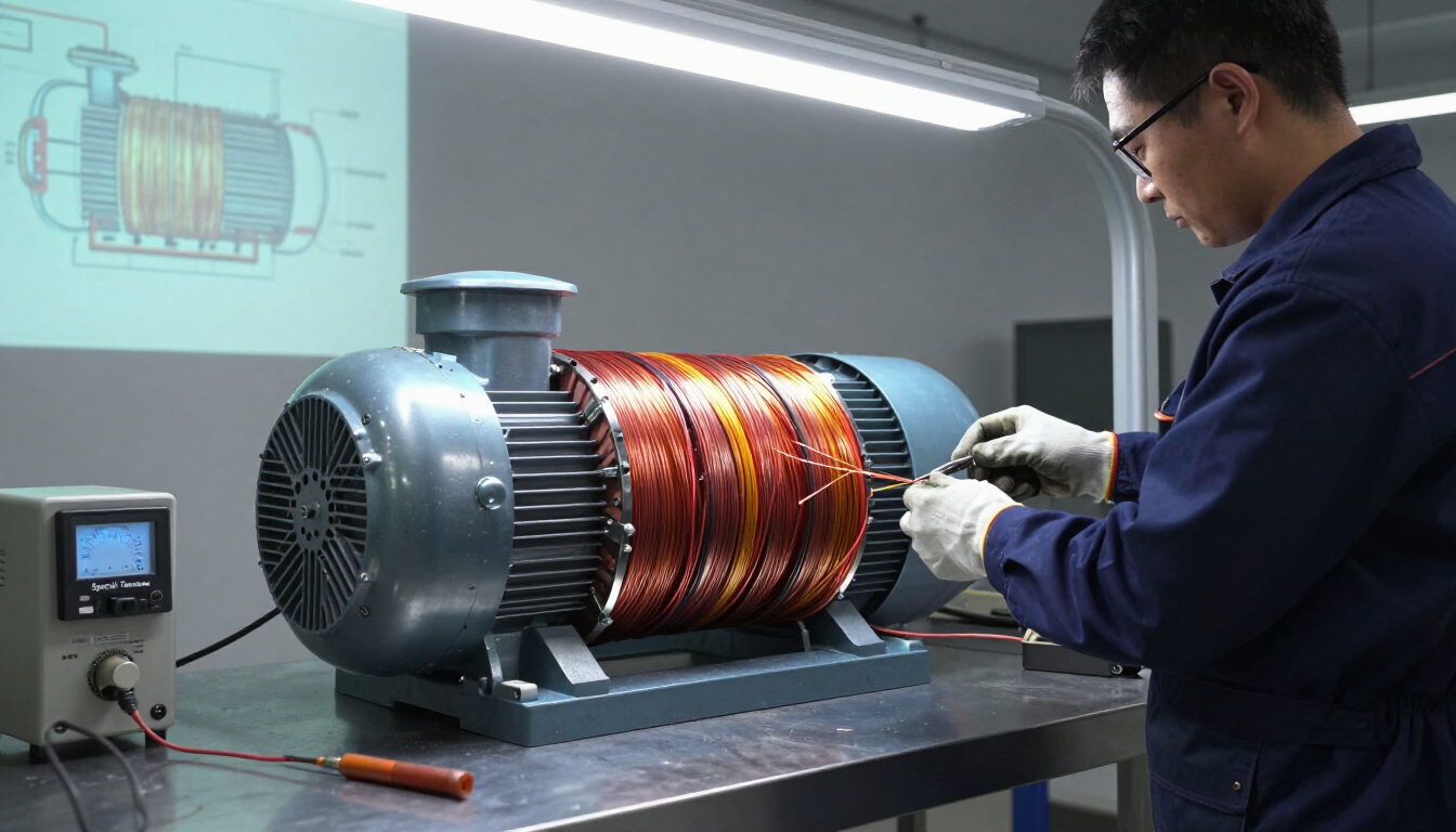 Técnico inspeccionando un motor con bobinado de cobre en un banco de trabajo en un laboratorio.