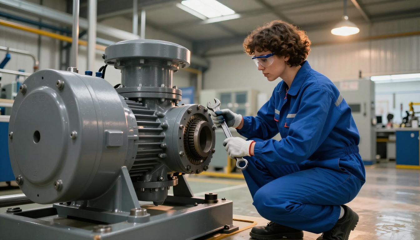 Técnico con mono azul inspeccionando una gran máquina industrial en un taller.