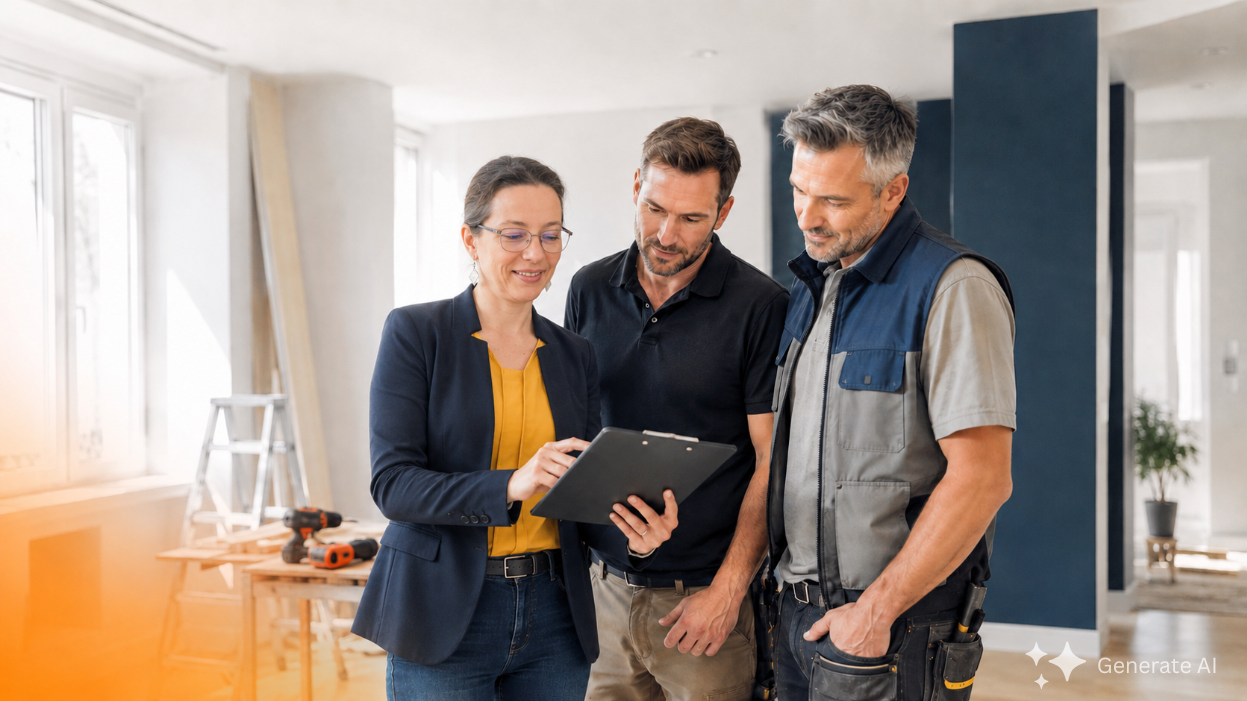 Three people reviewing a tablet in a bright, modern room under renovation