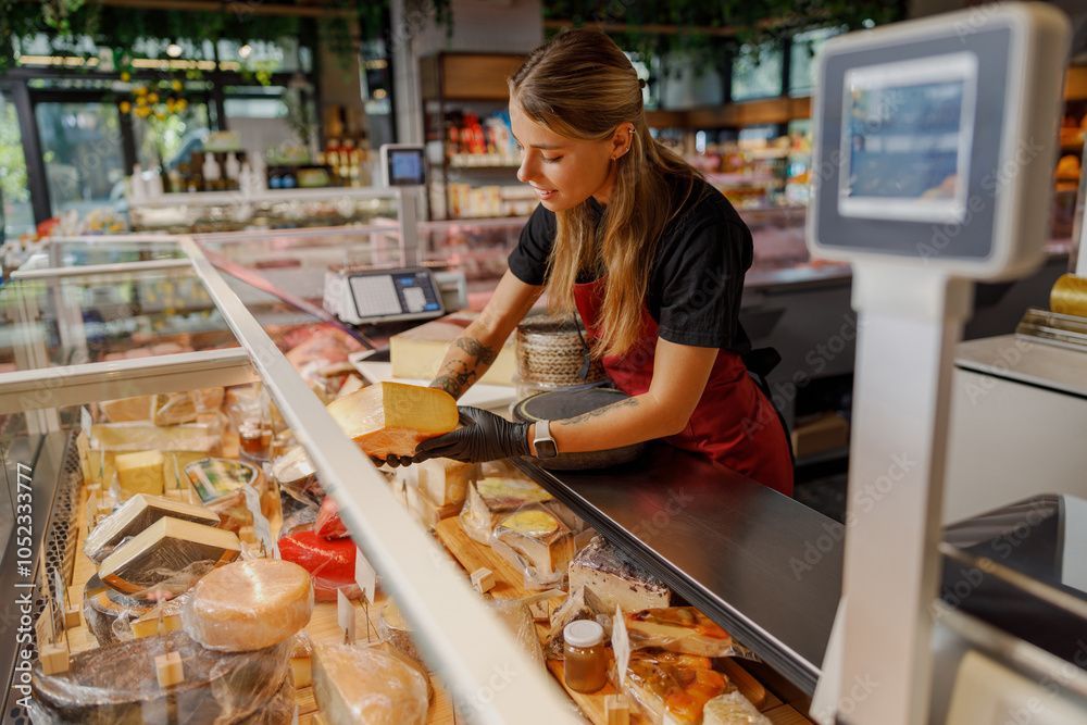 Un employé dispose des fromages et des pâtisseries derrière un comptoir vitré dans une boutique de marché.