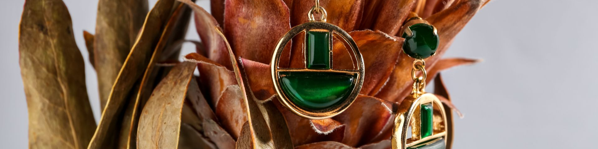 Des boucles d'oreilles avec des pierres vertes sont suspendues devant un feuillage brun séché.