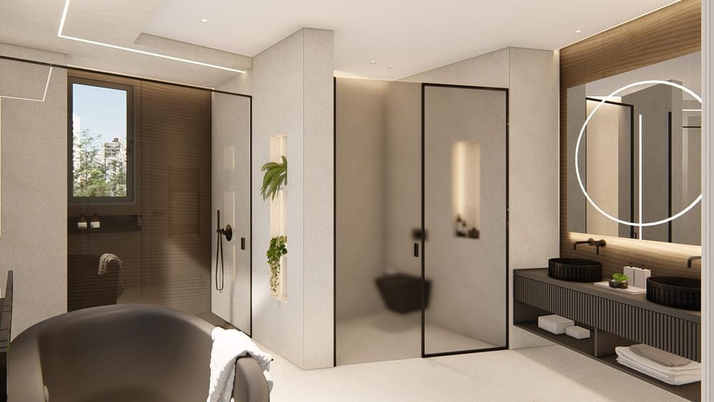 Un baño con bañera, lavabo y espejo.