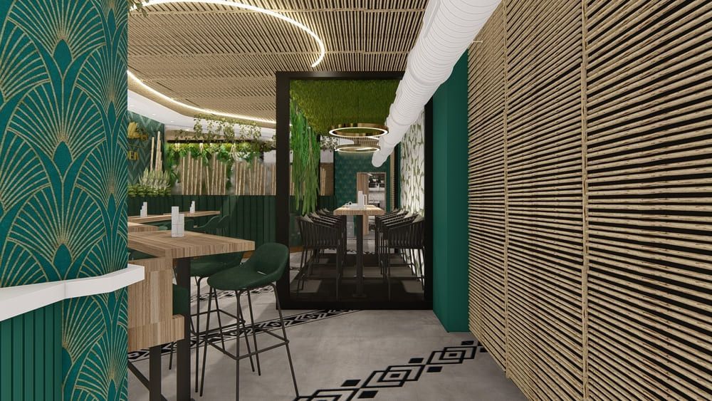 Impresión artística de un restaurante con mesas y sillas.