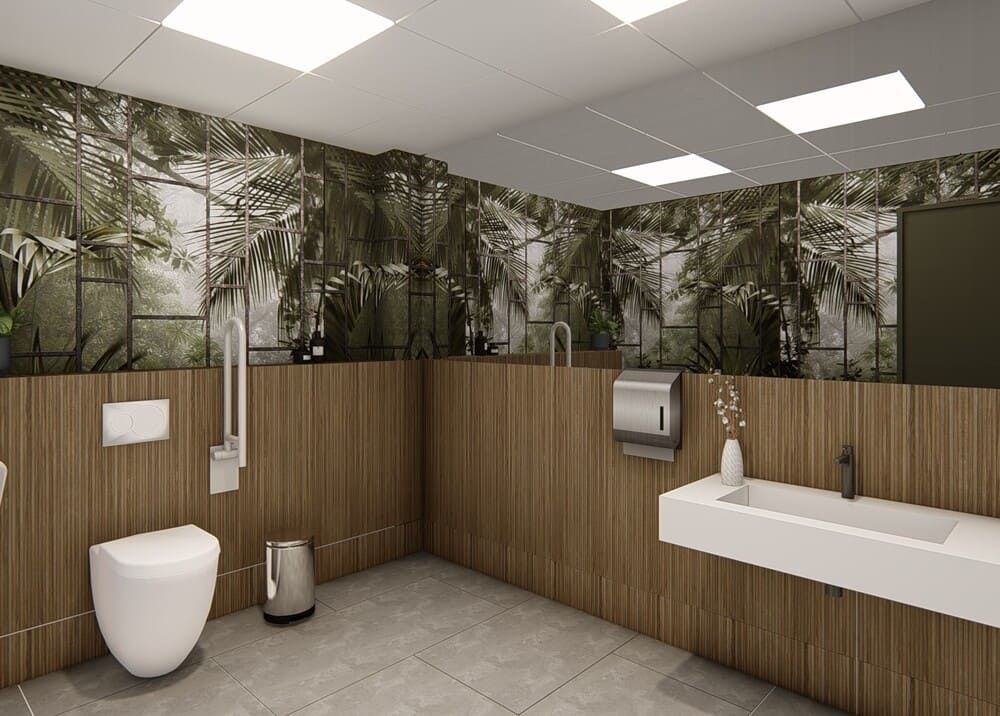Un baño con inodoro, lavabo y espejo.