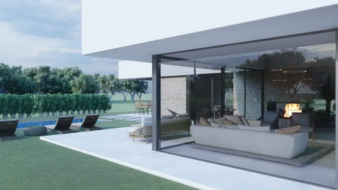 Impresión artística de una casa moderna con patio y chimenea.