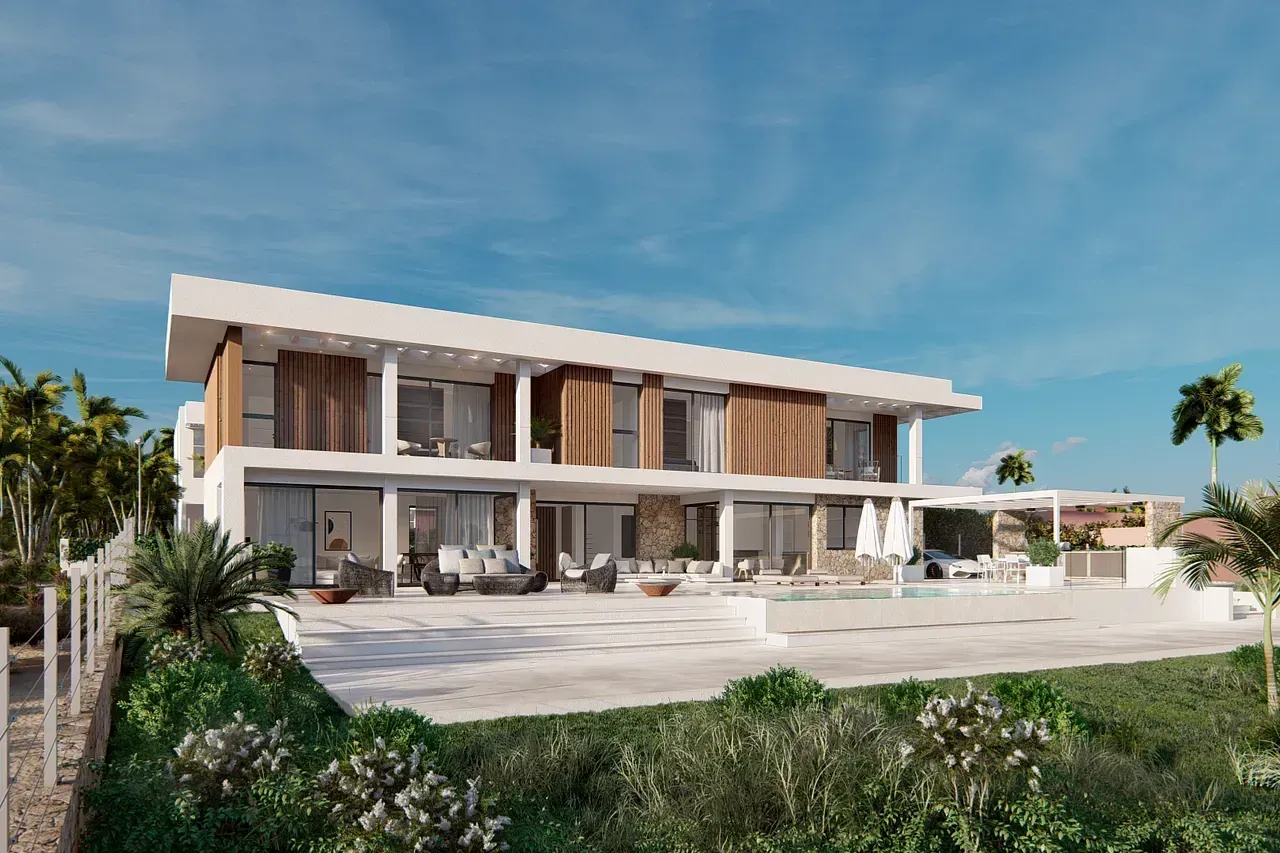 Impresión artística de una gran casa moderna con piscina.