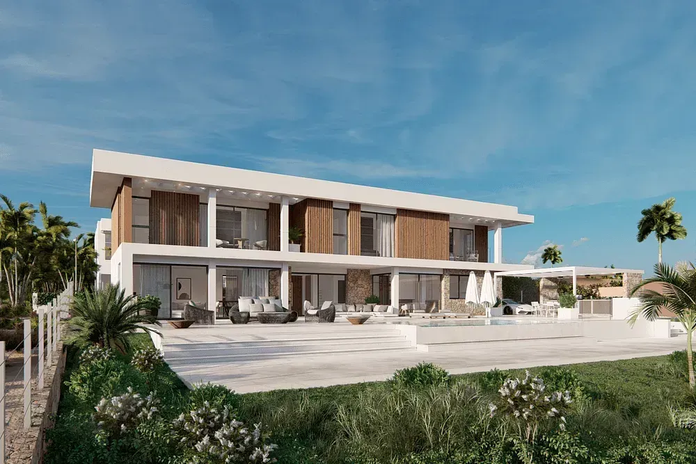 Impresión artística de una casa moderna con una gran piscina.