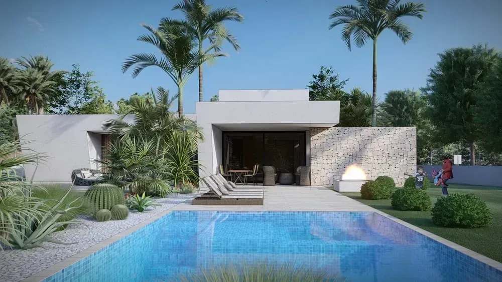 Una casa con piscina delante de ella.