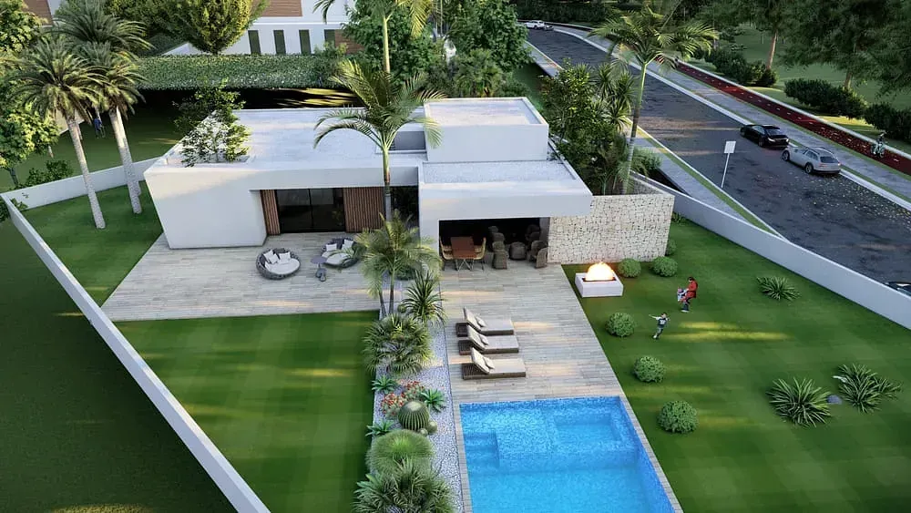 Una vista aérea de una casa con piscina en el patio trasero.