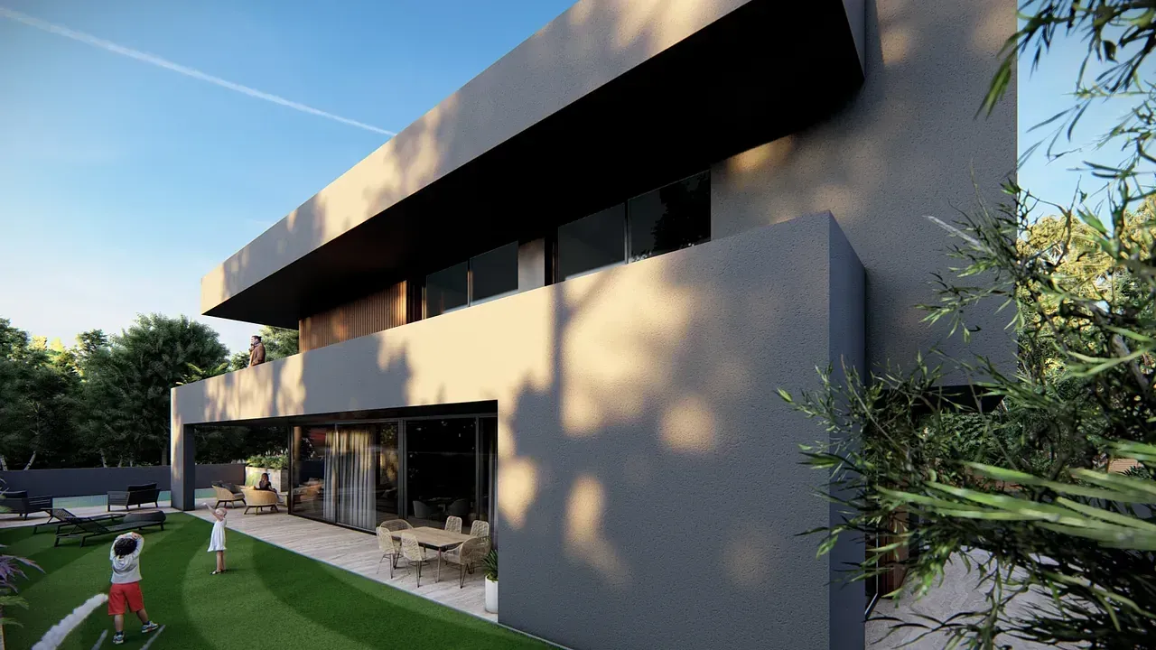 Impresión artística de una casa moderna con un campo de golf enfrente.