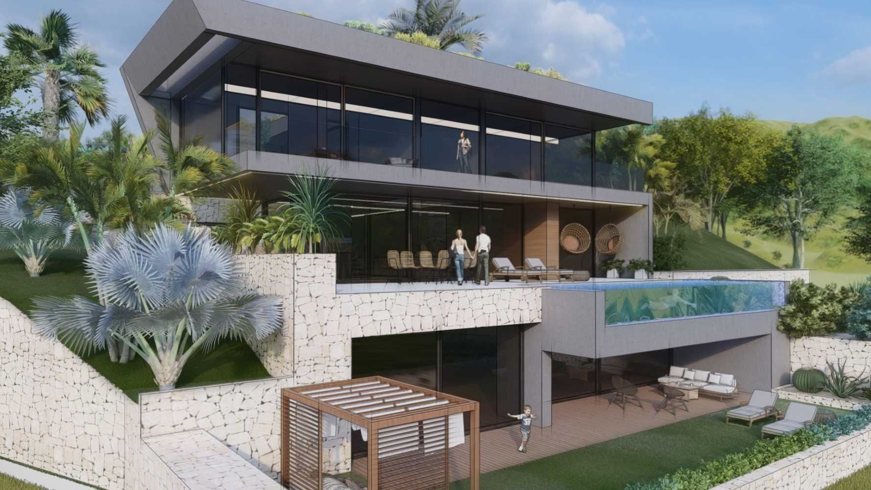 Impresión artística de una casa moderna con piscina.