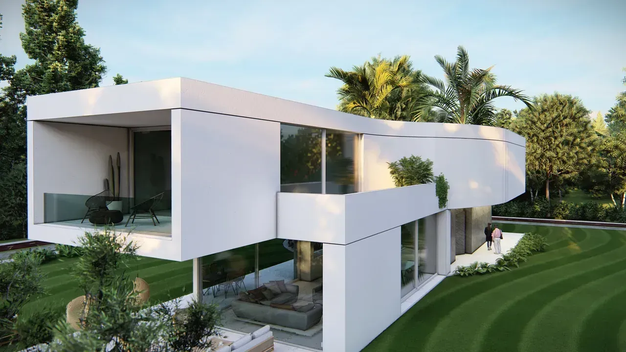 Impresión artística de una casa moderna con un gran jardín delante de ella.